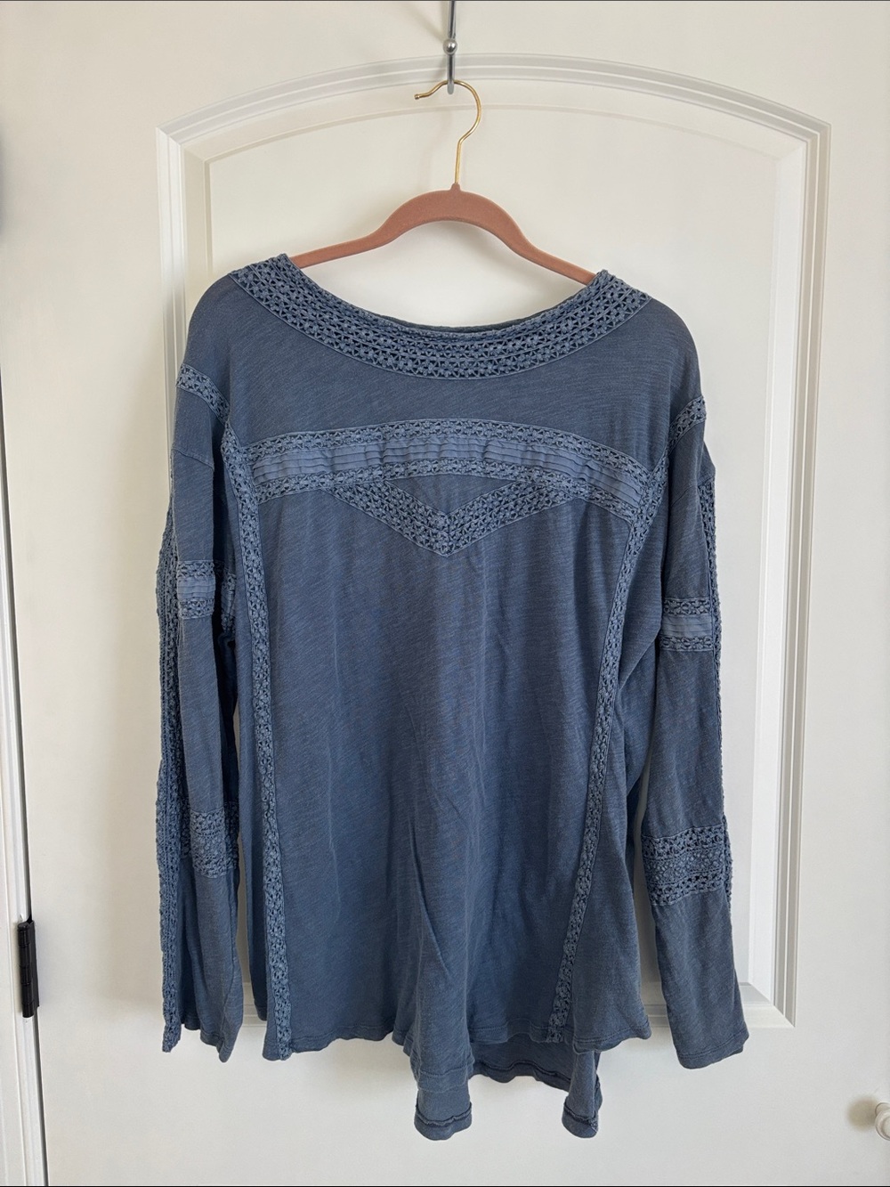 Free People Boy Meets Girl Blouse Top S Crochet Lace Trim Long Sleeve Cotton NWT
